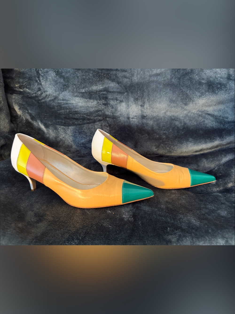 Colorblock Pointed Kitten Heel Pumps in Green, Yellow, Orange, White